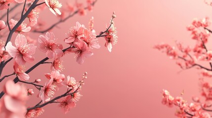 Obraz premium Cherry blossom branches cascading on soft pastel pink spring background
