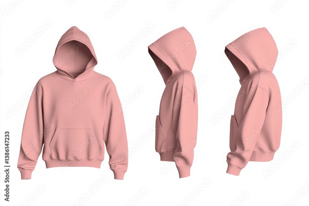 Poster stylish pink hoodie displayed from multiple angles showcasing its design, fabric texture, and practi
