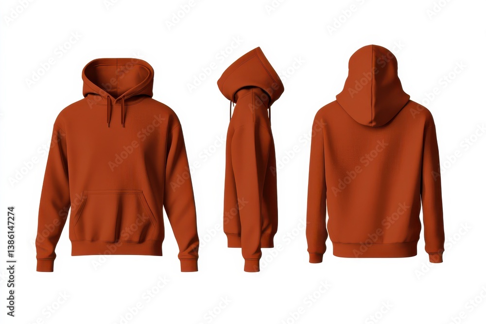 Poster Stylish orange hoodie in various views showcasing design and details for casual wear and layering options