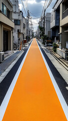 Narrow street perspective with a bright orange center lined by buildings under a cloudy sky wires overhead.