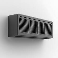 Gray air conditioner unit affixed to a white wall featuring a rectangular shape and horizontal ventilation grills.