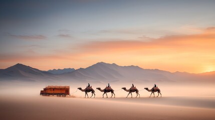 Camel caravan at sunrise in desert