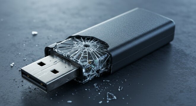Data loss symbolized by broken USB drive with shattered glass illustrating fragility