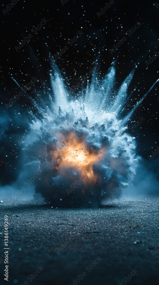 Poster dynamic powder explosion against dark background creating a dramatic visual impact with vibrant colo