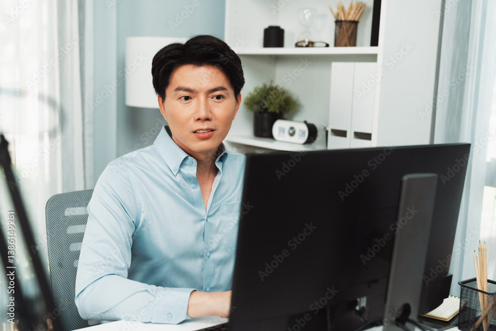 Poster serious smart businessman working on computer to check email with business project report, analyzing