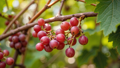 Bunch of ripe red grapes hanging on a vine against green foliage  