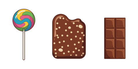 Tasty Donuts on a Pink Background, Swirl lollipop with spiral candy set isolated on white background, swirl design, isolated vector, Cartoon sweets, lollipop and fruit candies. Sugar candy, holiday.