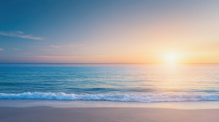 Obraz premium serene sunset over calm ocean, with soft waves gently lapping at sandy shore. sky is painted in warm hues, creating peaceful and tranquil atmosphere