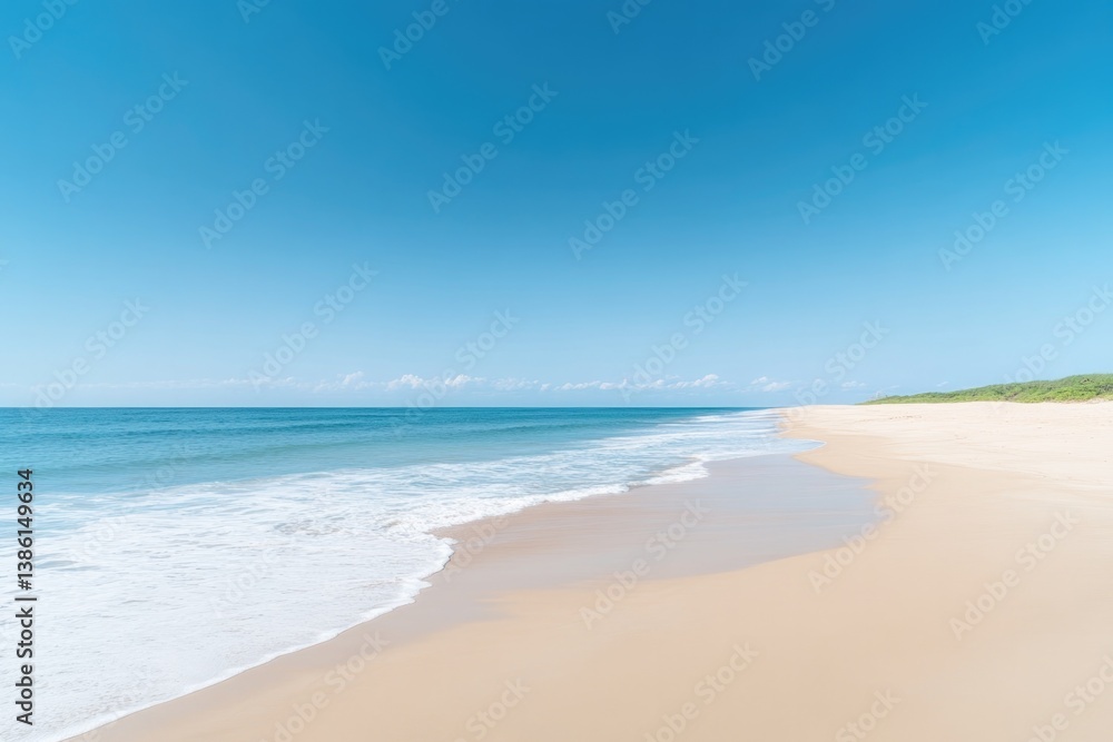 Poster pristine sandy beach with gentle waves lapping shore under cloudless sky minimalistic and serene