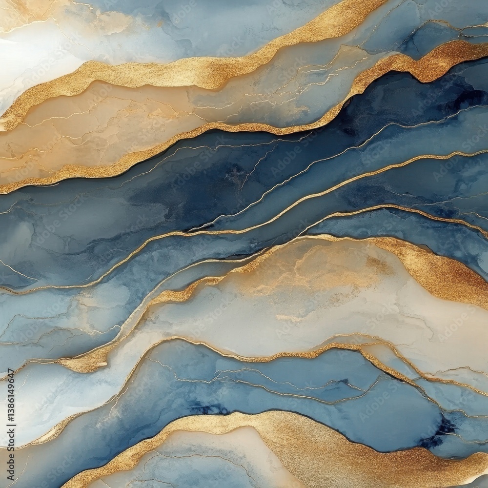 Poster fluid abstract art with golden veins and blue hues creating a luxurious and elegant visual texture f