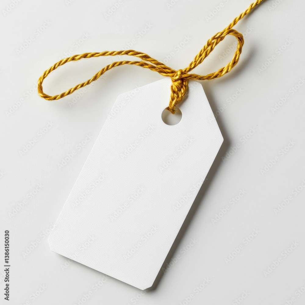 Poster blank white tag with gold string tie on a white background ready for your message or price label