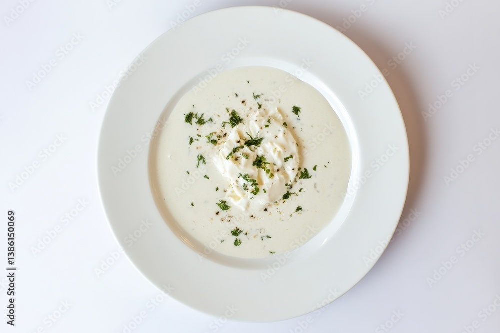 Poster creamy soup garnished with fresh herbs served in a pristine white bowl on a simple table setting