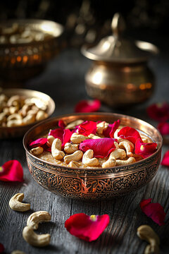 festive sheer khorma topped with rose petals, crushed cashews, copper serving vessel, traditional Eid decorations background