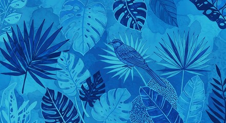 Serene Bluebird: Tropical Ink Wash Painting AI Generated