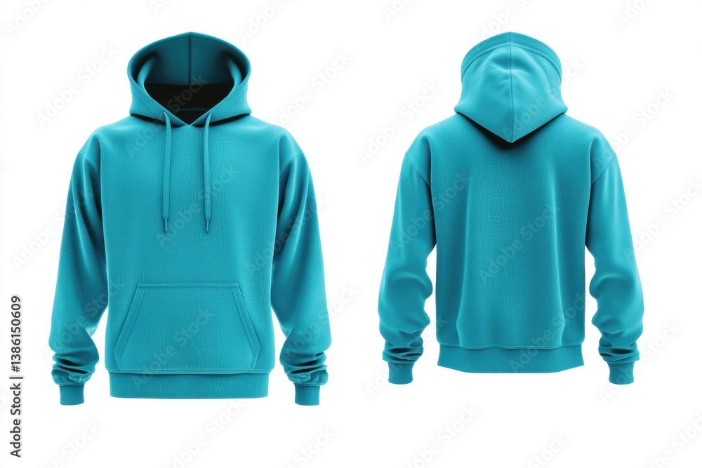Poster bright turquoise hoodie design showcasing front and back views in a minimal setting, suitable for ca
