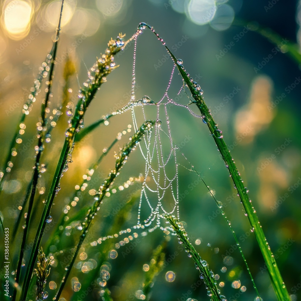 Aufkleber dew-kissed web: a delicate spiderweb adorned with sparkling dewdrops, illuminated by the soft mornin