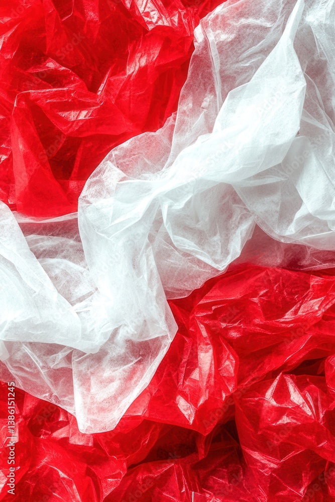 Poster abstract arrangement of red and white plastic bags creating a textured background with dynamic folds