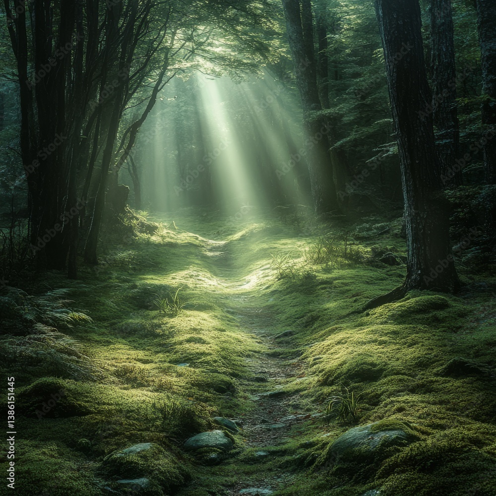 Poster enchanted path: sunbeams illuminate a mossy forest trail, inviting exploration and tranquility into 