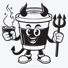 Devil coffee paper cup cartoon character vector illustration in black monochrome style on white background stock illustration