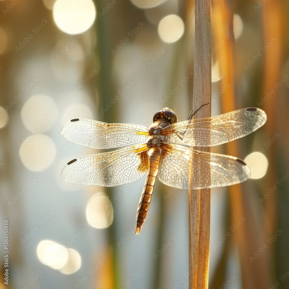 Poster Golden Hour Dragonfly: A Delicate Creature Resting on a Reed, Bathed in Soft, Bokeh Light.
