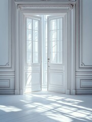 Fototapeta premium Elegant doorway bathed in soft light showcasing architectural detail and inviting atmosphere in a bright room