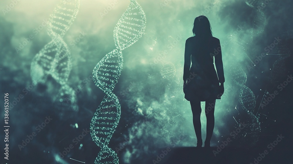Poster silhouette of scientist with floating biotech elements in background