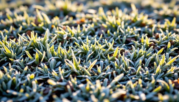 Textured surface of frost covered grass glistening in the early morning light.
