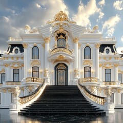 Fototapeta premium Grandeur and Opulence: An Exquisite Mansion Adorned with Gold and Marble Details Under a Cloudy Sky