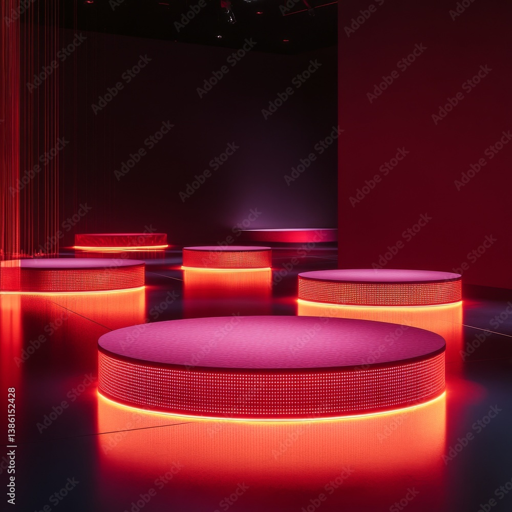 Poster illuminated red platforms: an artistic display in a modern, dark room with subtle lighting and futur