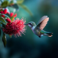 Naklejka premium Hummingbird's Delight: A Ruby-throated Hummingbird Feeds on Nectar from a Vibrant Red Bottlebrush Flower in the Sunlight.