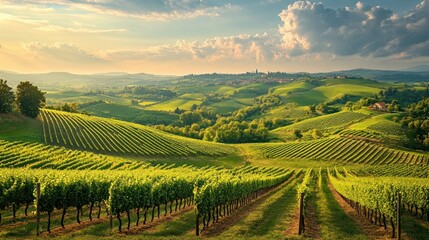 Fototapeta premium Tuscan Vineyard Landscape: Rolling Hills, Sun-Drenched Vines