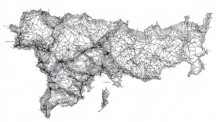 Vintage topographic map illustration of region with contour lines and road network detail drawing art 100