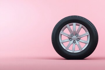 top-down view of single tire and wheel on solid color background with ample copy space