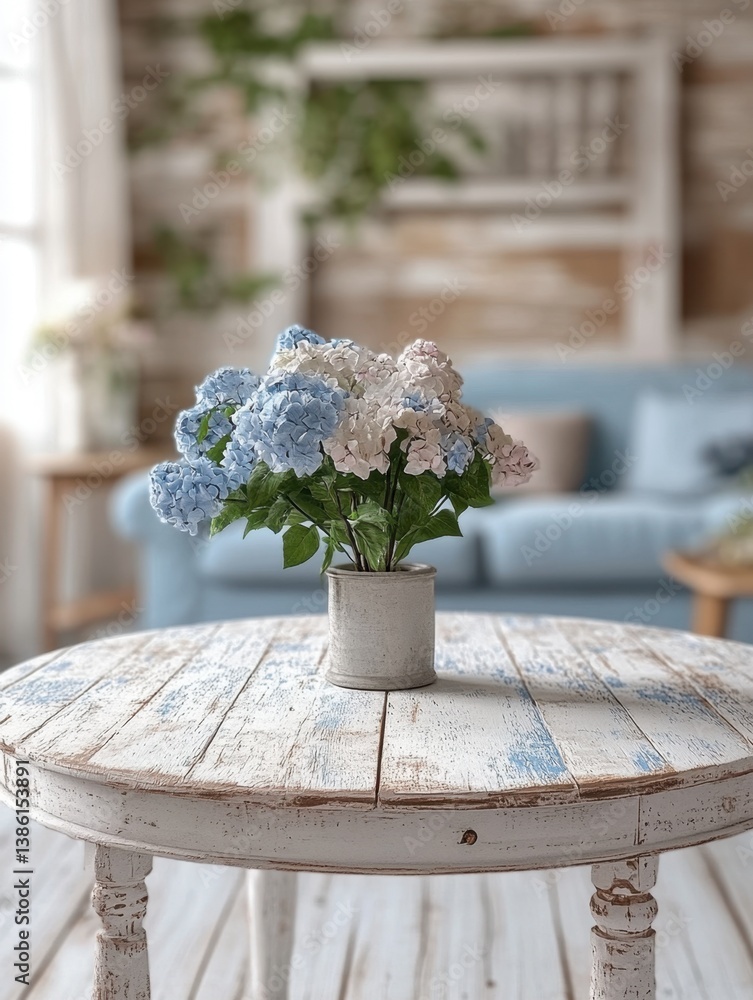 Poster serene interior scene with blue and white hydrangeas in rustic pot on distressed round table against