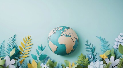 Paper Earth Globe surrounded by diverse Paper Plants with light Blue Backdrop