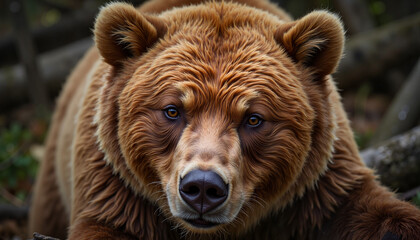 Brown bear looking directly at the camera in a forest setting  