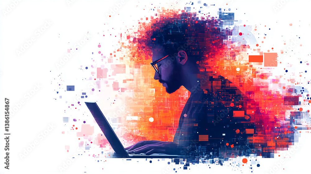 Poster man coding on laptop with abstract digital art background for technology and programming concept use