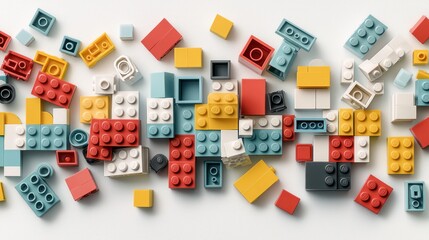 Colorful plastic building blocks scattered on a white background