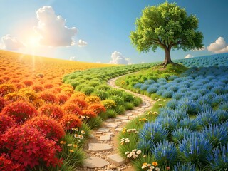 A person walks a vibrant, winding path that transitions through five distinct colors, reflecting a journey of emotional growth. 
