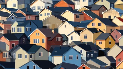 Neighborhood of houses in varied colors, densely populated area artwork