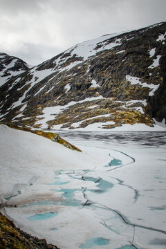 Frozen lake in mountains