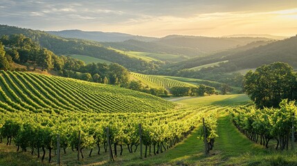 Fototapeta premium Tuscan Vineyard at Sunset: Rolling Hills and Golden Hour