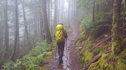 Obraz premium Person hiking misty forest trail.