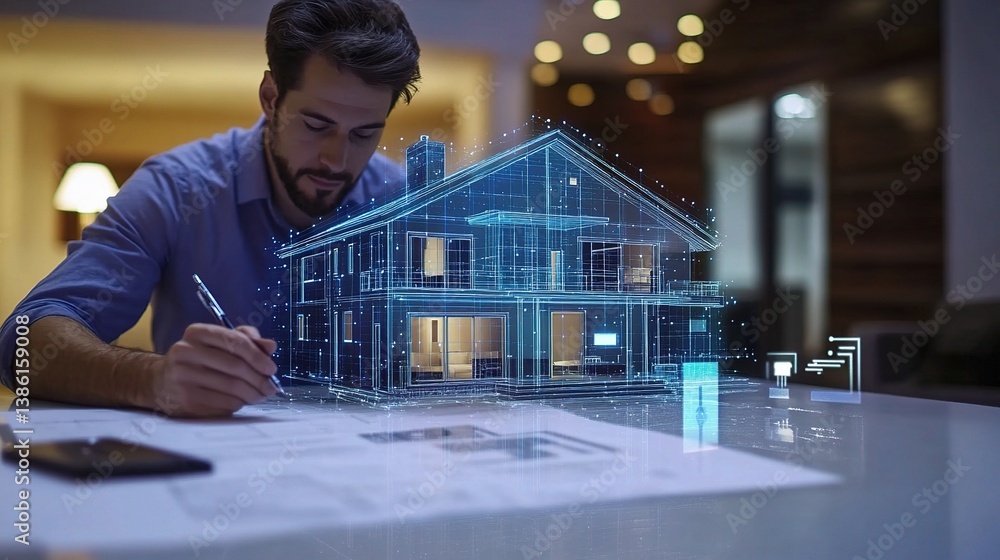 Poster developer examining blueprints for real estate project with overlay