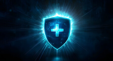 Glowing blue shield with plus sign on dark backdrop. Digital health or security concept with light rays emanating outwards.