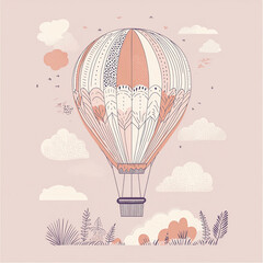 Scandinavian Boho Nursery Air Balloon playroom print in gender neutral colors. Sun and clouds. Vector illustration. Isolated Faboluo object