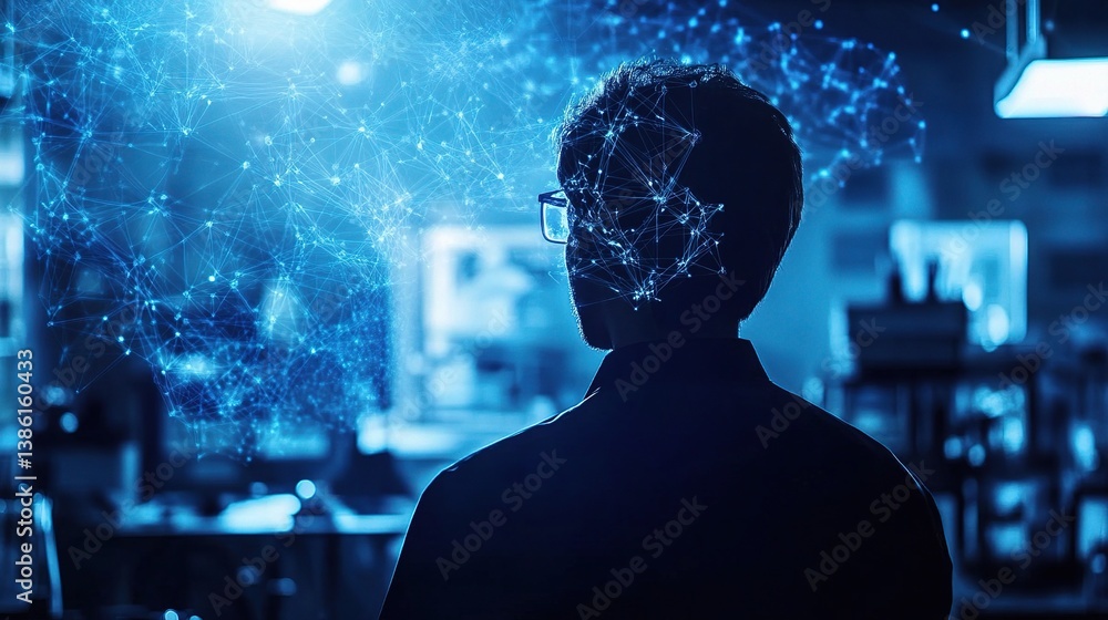 Poster silhouette of scientist with floating neural connections in blue light