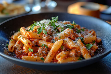 Fototapeta premium Bowl of pasta with meat and parmesan cheese, garnished with parsley on a wooden table.
