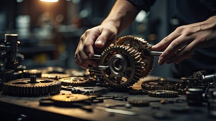 Close-up of a hand holding a glowing gear in a dimly lit workshop