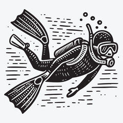 Doodle style icon showing scuba diver wearing fins stock illustration
